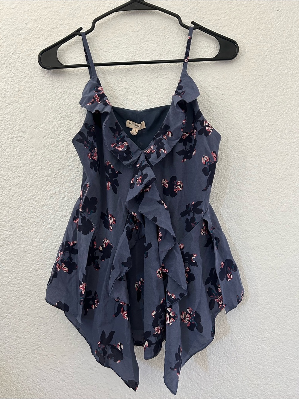 Rebecca Taylor Navy Floral Ruffle Camisole with Pink Accents